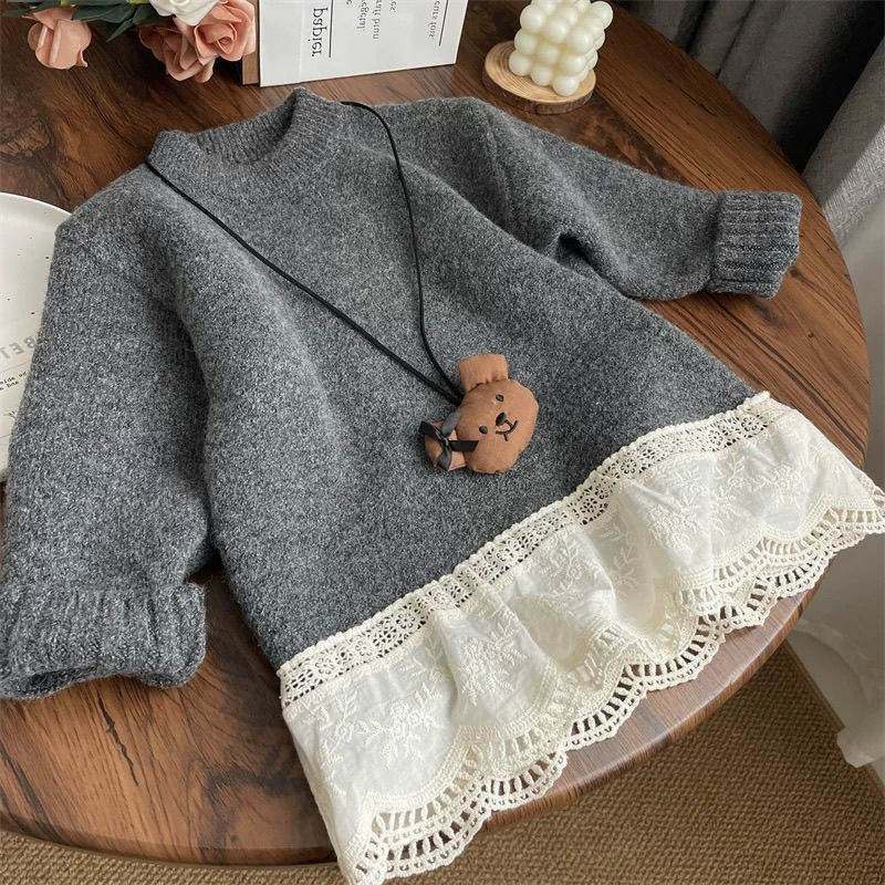 女童毛衣韩版加厚中长款针织衫中小童蕾丝花边拼接上衣时尚秋冬季