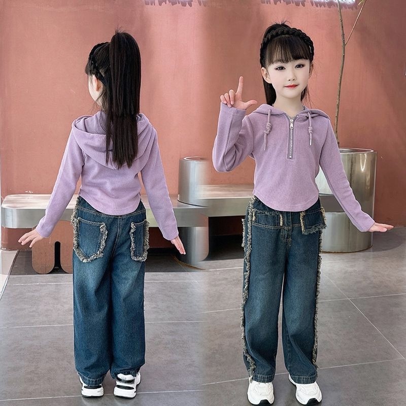 女童春装套装2025爆款大童女装连帽长袖时髦牛仔裤儿童秋天两件套