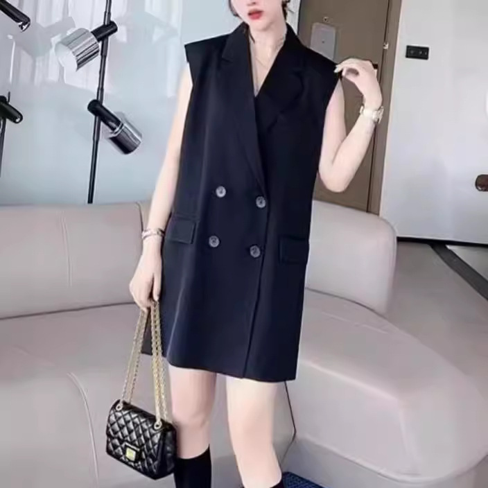 夏季新款天丝棉蝴蝶结背心西装马甲连衣裙女名媛露背小黑裙