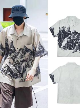 20AW邓为同款美式复古短袖衬衣斯巴达灰色版画垂感印花上衣潮男女