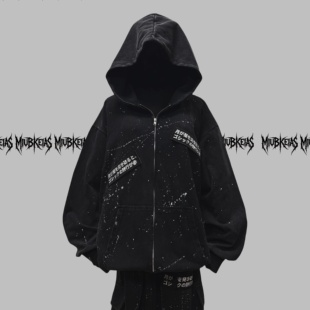 宽松开衫 Miub美式 先锋水洗做旧卫衣外套男女秋废土风泼墨连帽长袖