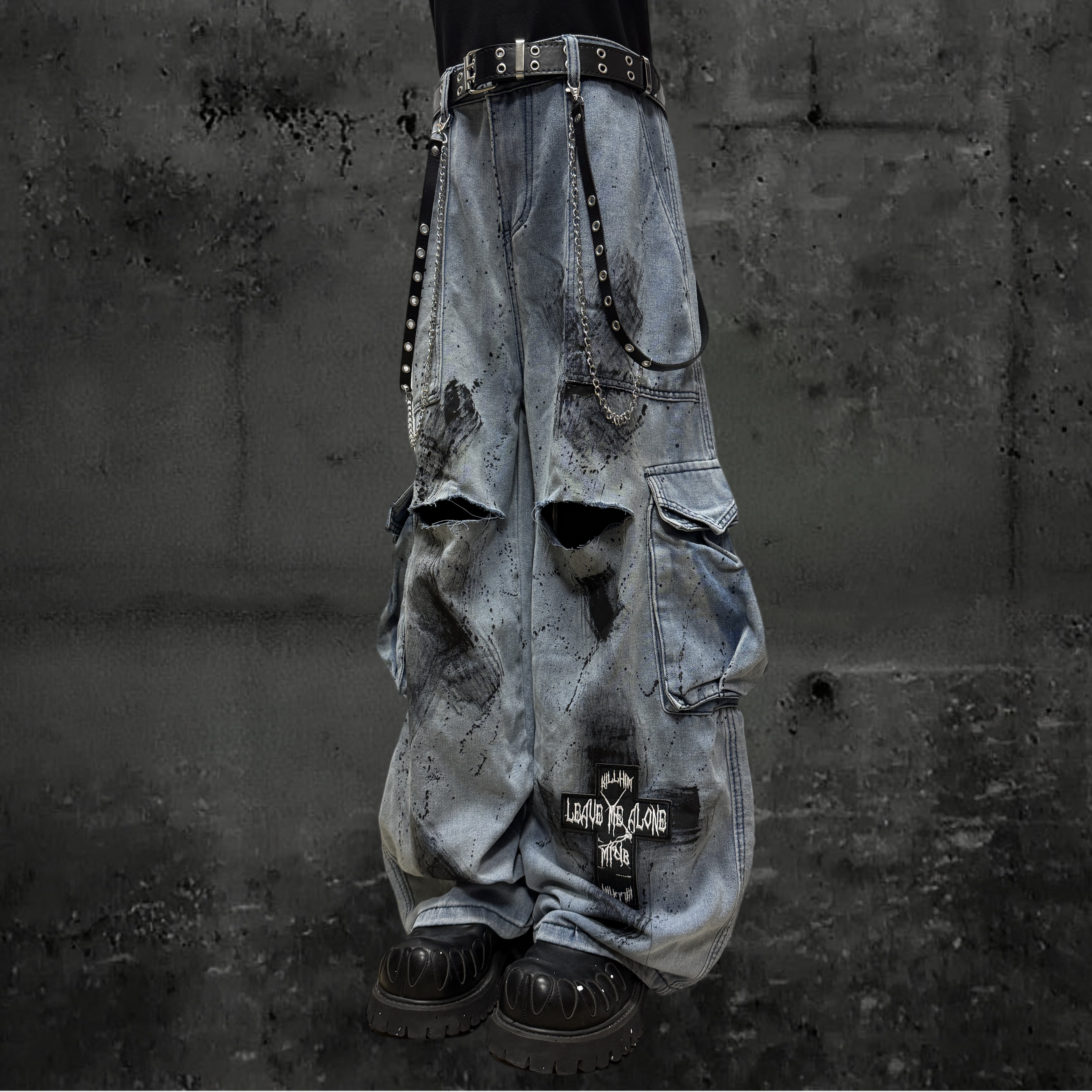 Miub废土风涂鸦泼墨阔腿牛仔裤秋