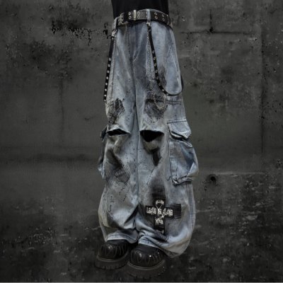 Miub废土风涂鸦泼墨阔腿牛仔裤秋