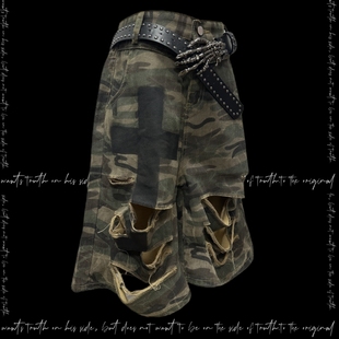 夏 男女日系Y2k迷彩十字架阔腿短裤 Miub美式 复古废土风破洞五分裤