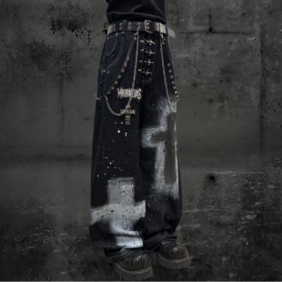 秋Y2k手绘涂鸦十字架阔腿长裤 Miub美式 街头废土风泼墨宽松牛仔裤