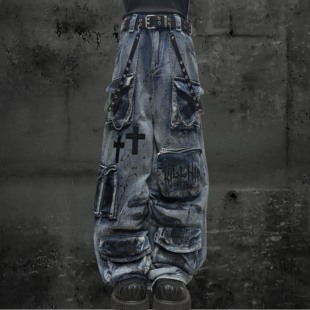 裤 男女Y2K亚比涂鸦泼墨阔腿宽松工装 废土风多口袋牛仔裤 Miub美式