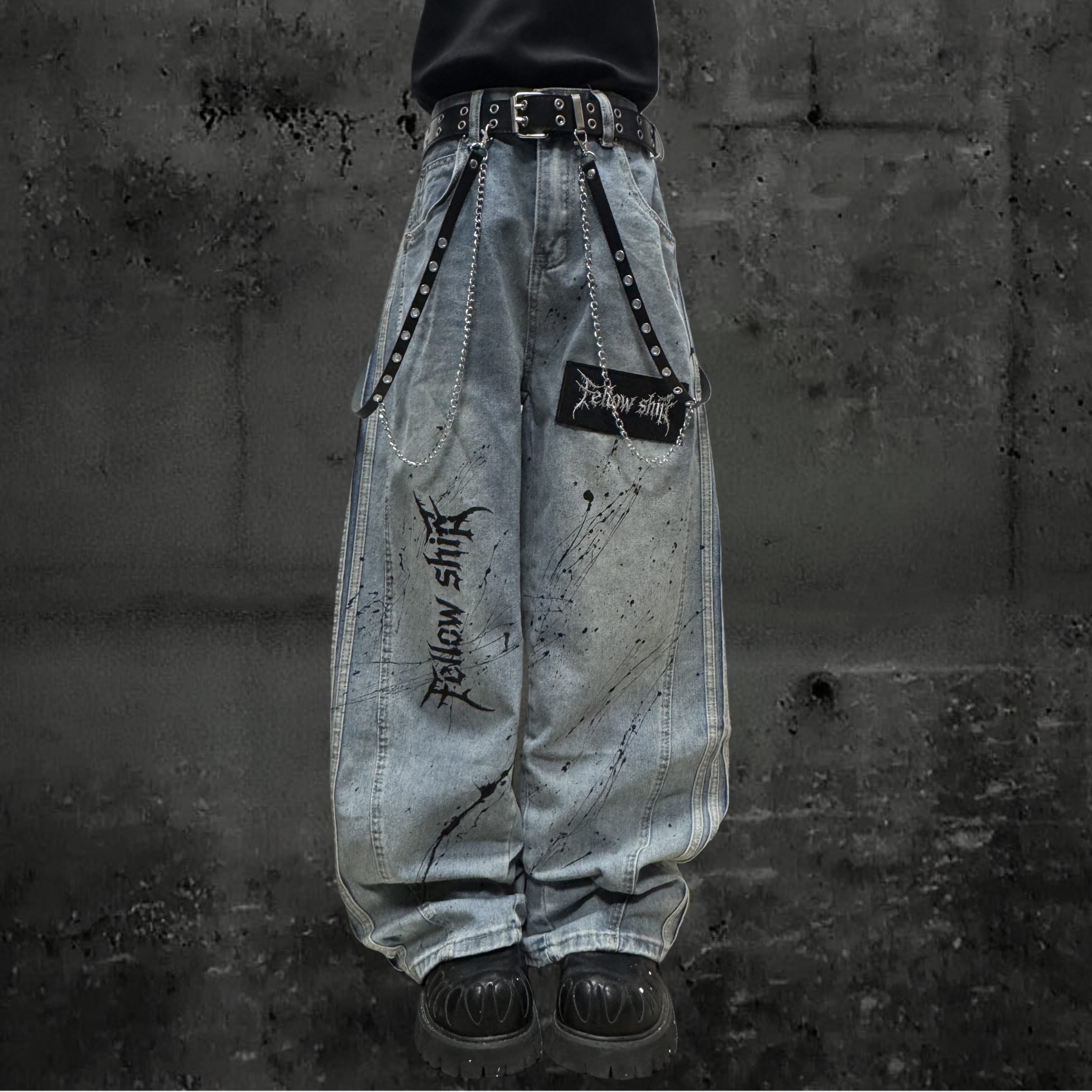 Miub美式复古做旧水洗阔腿牛仔裤