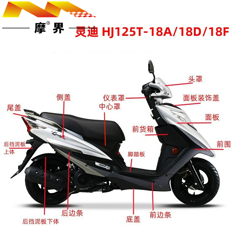 适用豪爵灵迪HJ125T-18A/18D/18F原装前面板前围侧盖边条头罩外壳