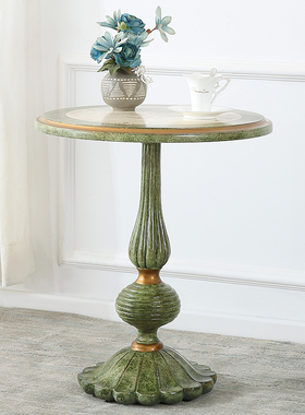 地中海圆形沙发边几角几美式彩绘休闲桌欧式复古绿色花几圆桌3209