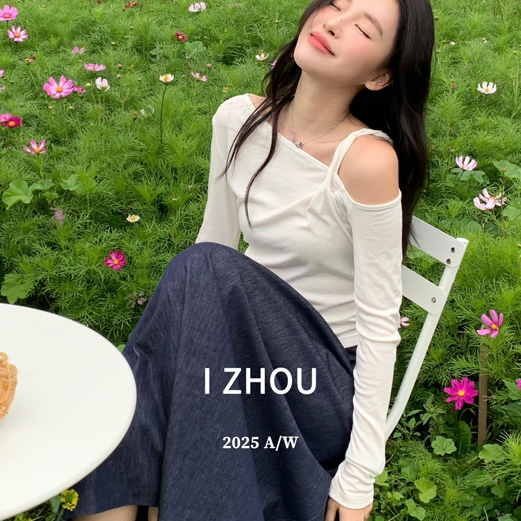 纯欲风甜美甜辣露肩长袖T恤上衣