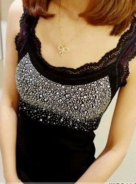 韩版夏季时尚性感蕾丝花边露背烫钻黑色修身工字吊带女打底小背心