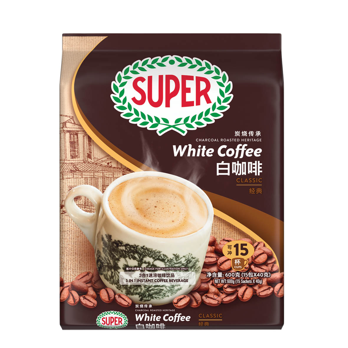 马来西亚进口超级牌super白咖啡炭烧原味榛果黄糖3合1速溶咖啡粉-封面