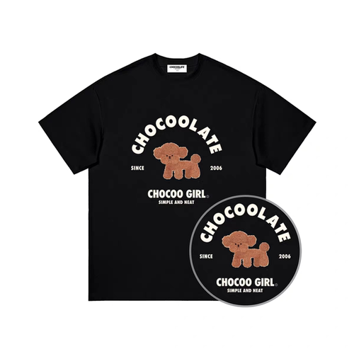 CHOCOOLATE 情侣款字母小狗烫画纯棉圆领短袖T恤男女同款