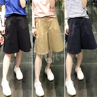 CHOCOOLATE 25夏 女装简约A型阔腿五分休闲裤纯色棉布插袋5536