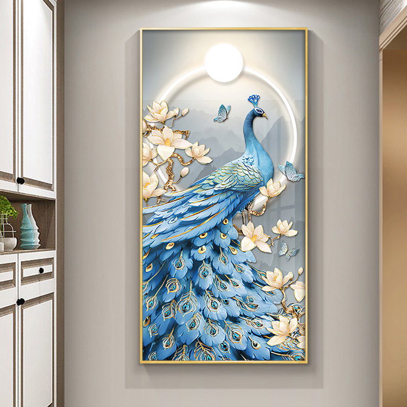 5d玄关2025新款钻石画方钻满钻吉祥孔雀开屏竖版客厅粘点钻十字绣