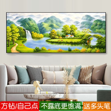 5d手工粘贴钻石客厅风景画方钻满钻流水生财粘贴点钻十字绣砖石画