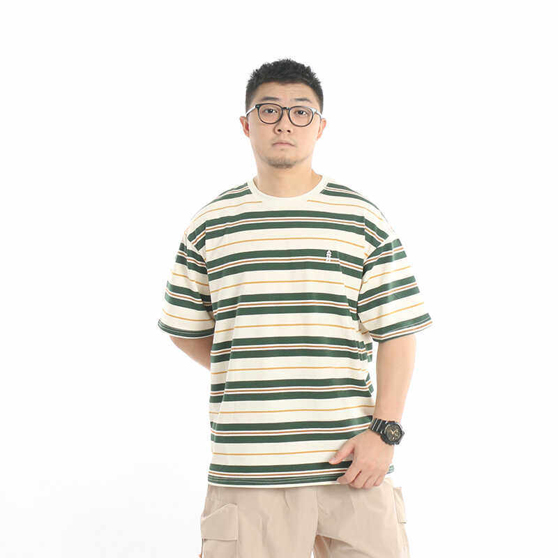 fanstore春夏流行美式卡其撞色条纹日系Cityboy宽松短袖T恤男潮