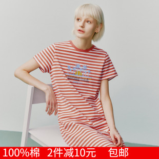 春夏新品 睡裙纯棉圆领短袖 细腻垂顺亲肤家居裙条纹睡裙家居服