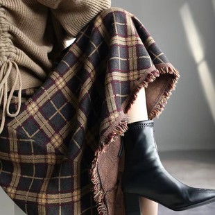 【现货】流苏秋冬季加厚复古格子裙A字高腰显瘦大摆半身裙中长款