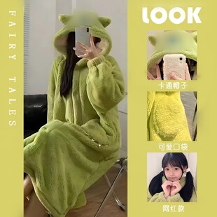 可爱卡通大眼仔珊瑚绒睡衣女2023年新款冬季加厚睡袍可外穿家居服