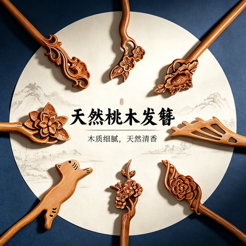 桃木发簪简约盘发发钗新中式