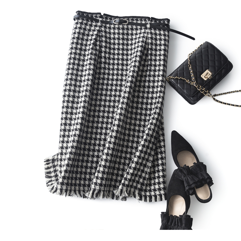 经典千鸟格纹提花流苏裙摆半身裙