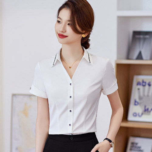 竹纤维白衬衫女夏V领职业工作服