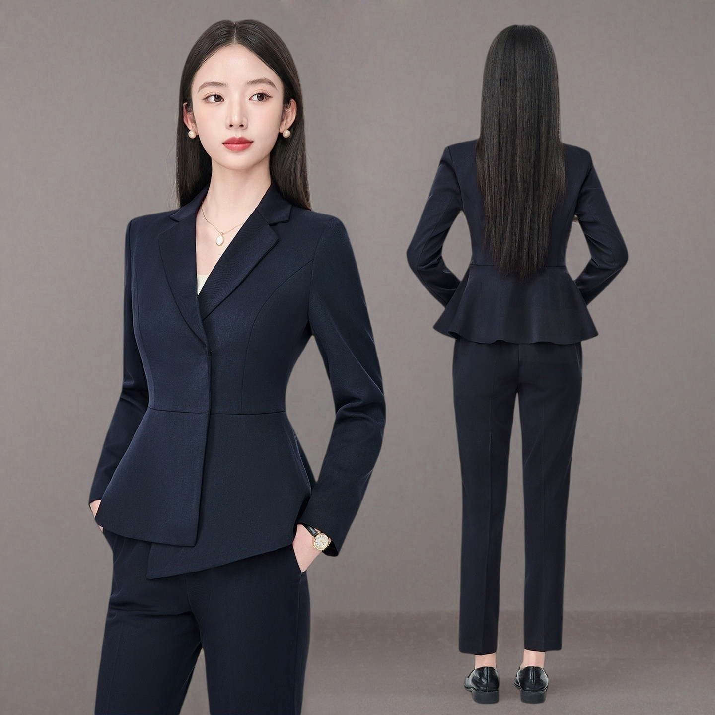 藏青色西装套装女秋冬新款工作服图片
