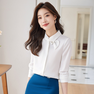 白衬衫女立领长袖设计感小众工作服打底知性上衣时尚洋气职业衬衣