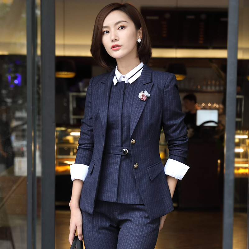 条纹小西装外套女春秋正装修身马甲气质工作服高级感职业西服套装