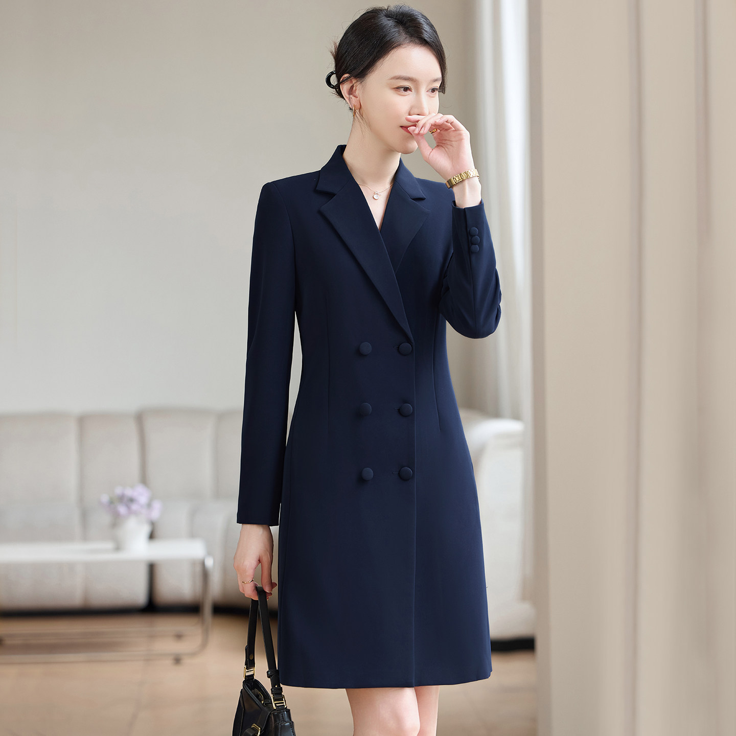 职业连衣裙女修身2026秋季新款西装领商务西裙气质柜员前台工作服