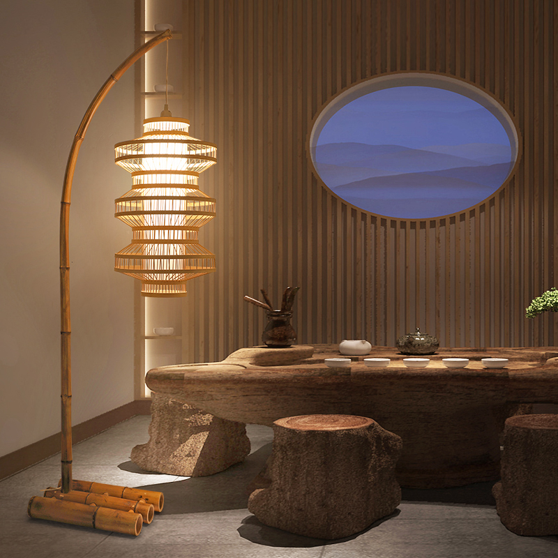 中式钓鱼落地灯茶室禅意客厅卧室书房民宿复古中国风竹编日式地灯