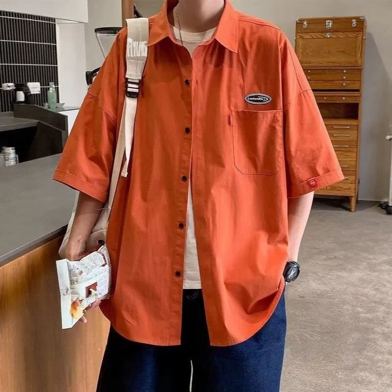 纯色衬衫男夏季薄款韩版潮流学院风帅气工装衬衣港风百搭宽松外套