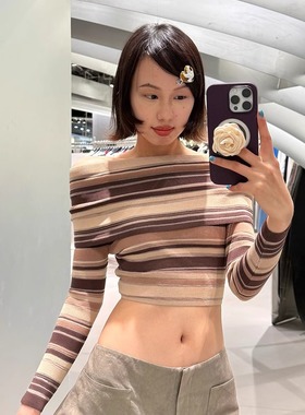 【现货】ANDREADAMO 25SS 新款条纹透明露肩针织短上衣 DOUBLEBOO