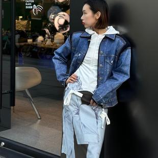 PUSHBUTTON 24SS 蓝色拼接翻领牛仔夹克外套女 DOUBLE BOO 买手店