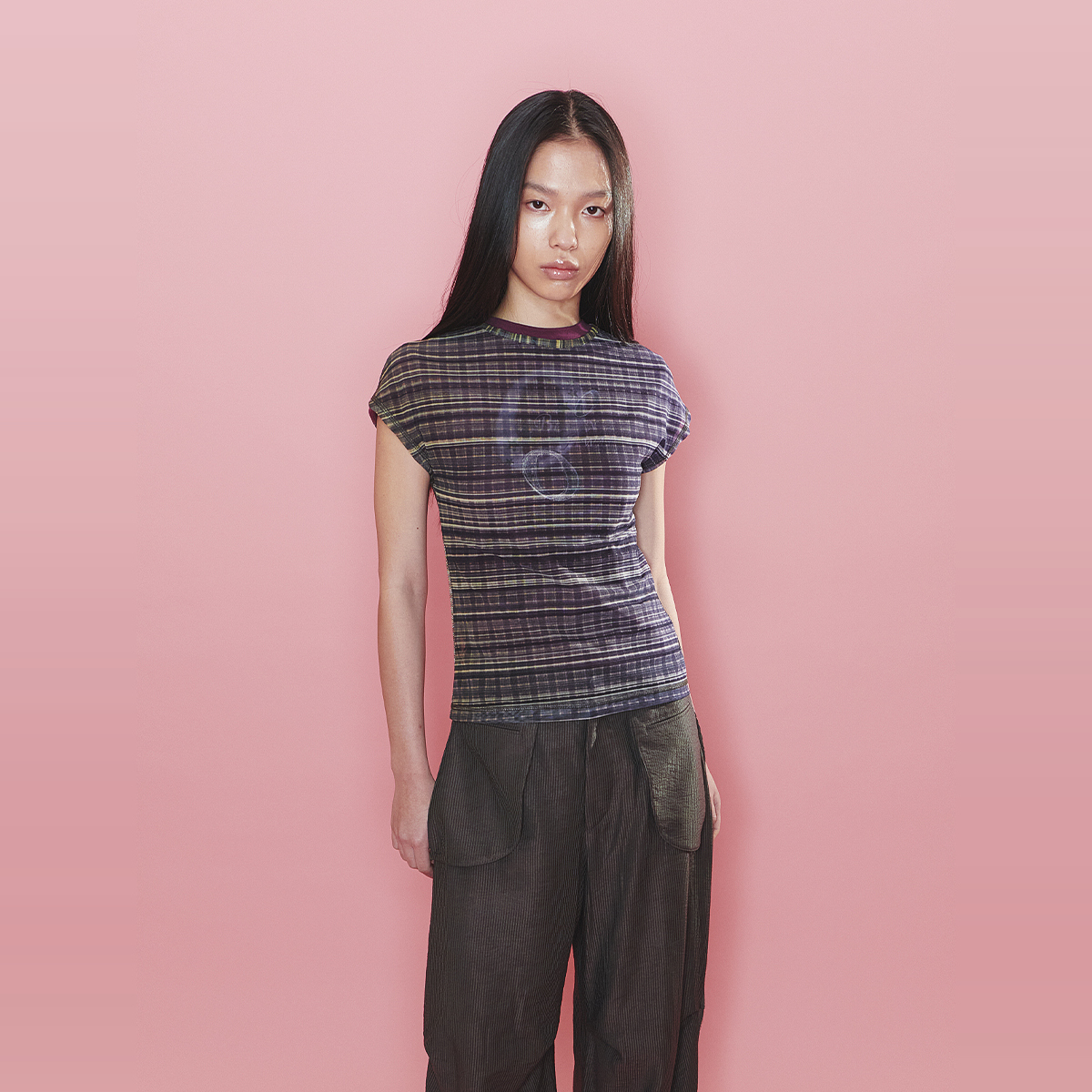 【现货】ODLYWORKSHOP 25SS 深色格子花呢网眼T恤 DOUBLEBOO
