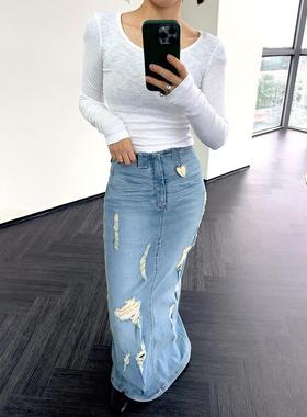 【现货6折】NOMANOMAN 24AW 蓝色破洞水洗牛仔长半裙 DOUBLEBOO