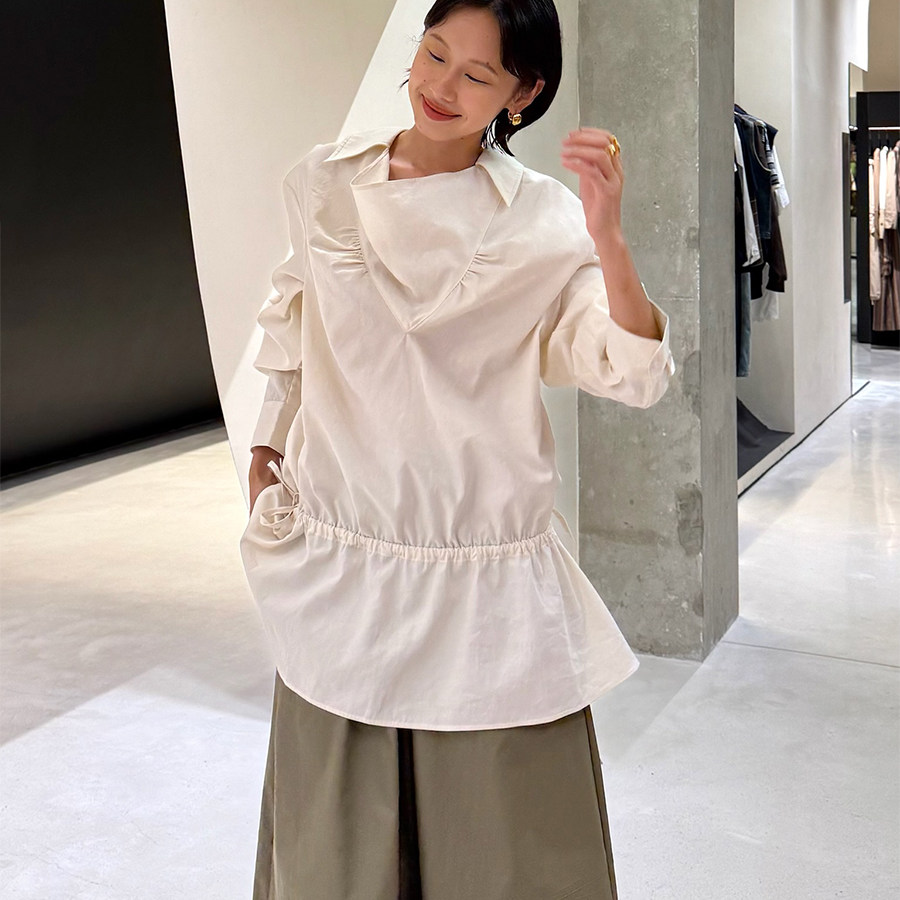 【现货】ECRIVAIN 25AW 荡领底摆抽褶长衬衫 DOUBLEBOO