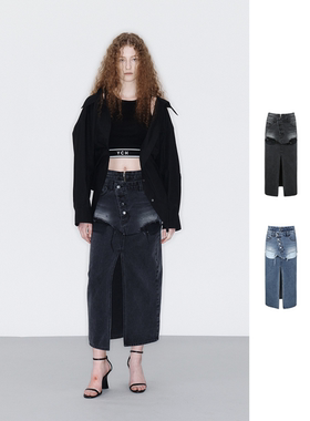 YCH 24PS 双层百搭前开叉中长款牛仔半裙 DOUBLE BOO 买手店