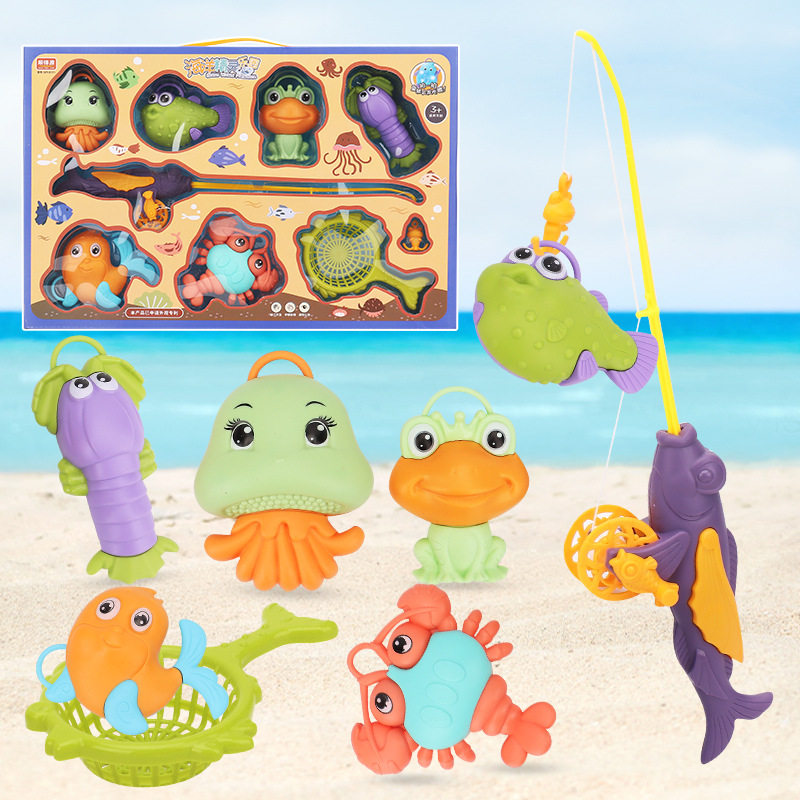 儿童震动灯光宝宝玩具卡通海洋生物模型磁性钓鱼竿过家家发光捞鱼