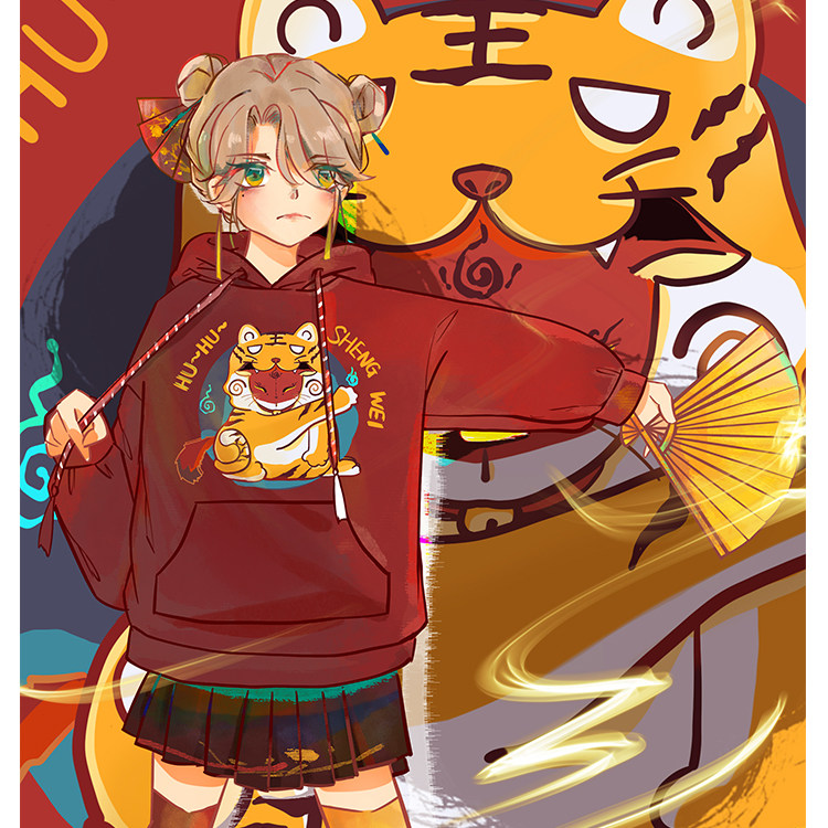 宅漫 2022新春款 狐虎生威 宽松连帽加绒卫衣 动漫二次元拜年衣服