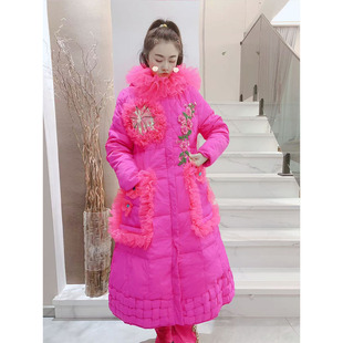 羽绒服女冬新款韩版甜美重工奢华水钻花朵中长款收腰显瘦鸭绒外套