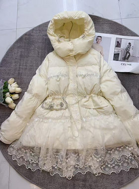 潮甜美白鸭绒连帽镶钻羽绒服保暖