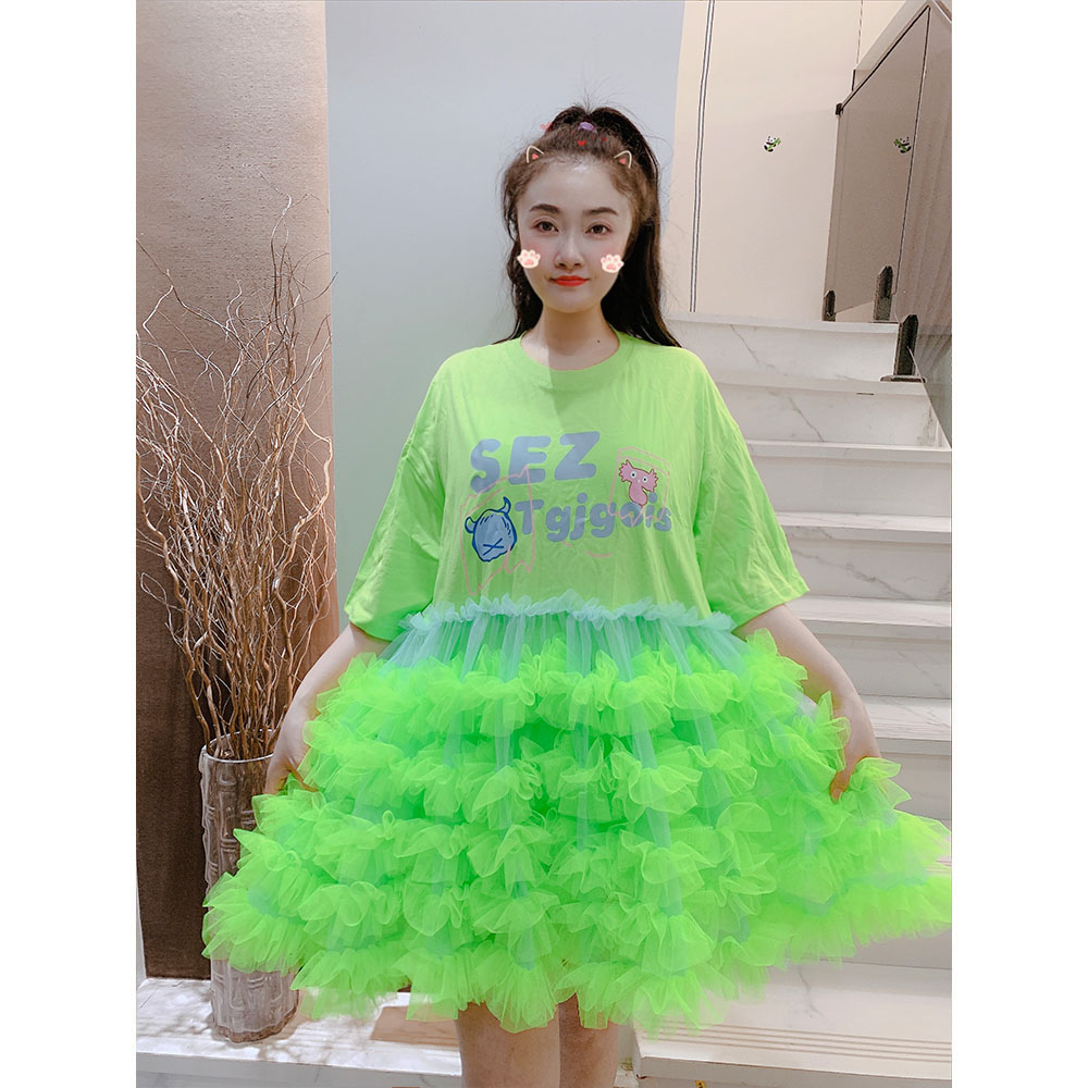连衣裙女夏新款韩版甜美重工层层荷叶边网纱拼接宽松显瘦蓬蓬裙潮
