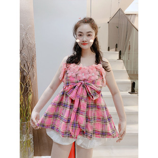 吊带上衣女夏新款韩版甜美重工立体花朵系带蝴蝶结修身显瘦上衣潮