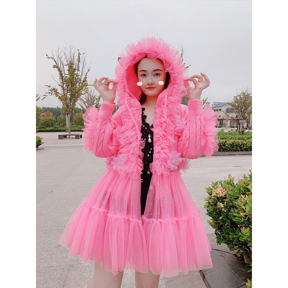 潮连帽甜美宽松网纱拼接毛衣显瘦