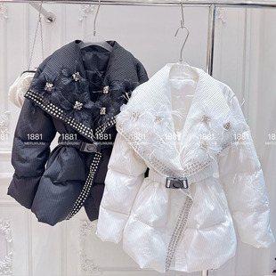 羽绒服女冬新款韩版甜美重工镶钻立体花朵收腰显瘦白鸭绒加厚外套