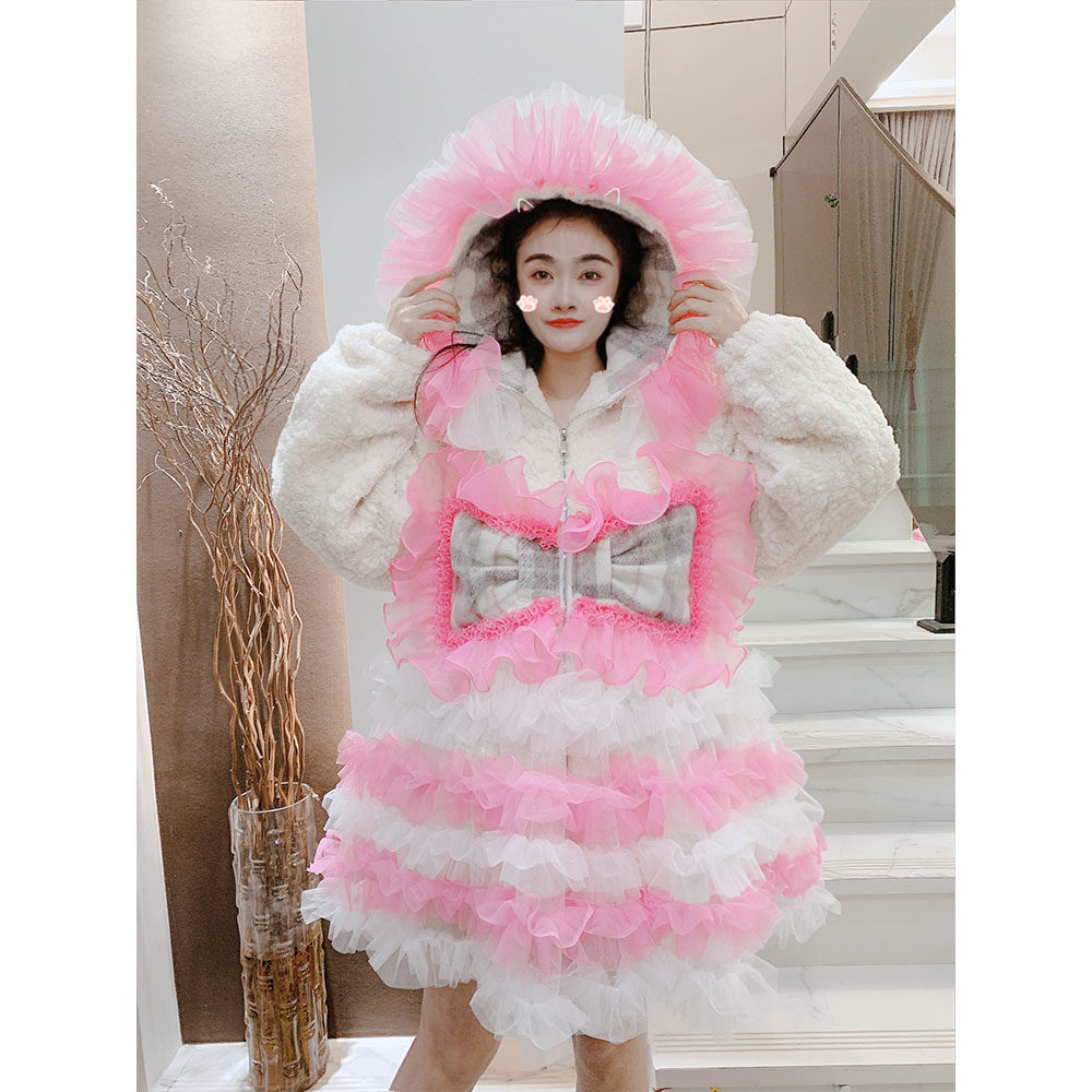 棉服外套女冬新款韩版甜美重工连帽云朵网纱拼接加棉加厚保暖棉服
