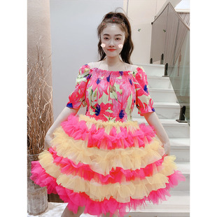 连衣裙女夏新款韩版甜美重工一字领网纱拼接超仙显瘦蓬蓬裙公主裙