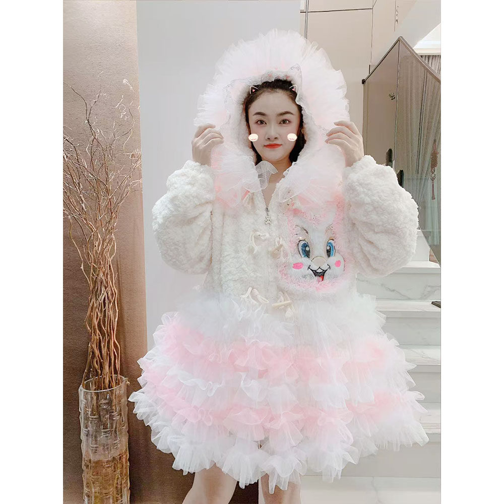 棉服外套女冬新款韩版甜美重工连帽云朵网纱拼接加绒加厚保暖棉衣